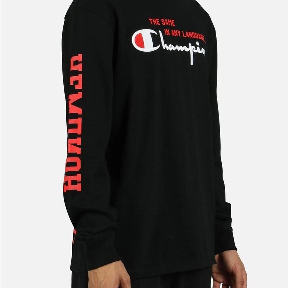 Mens Chamption the Same in Every Language Longsleeve Graphic T Shirt Black& Red